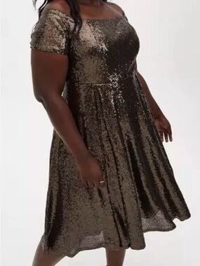 Torrid Plus Size 20 Brown Sequin Off-Shoulder Skater Dress